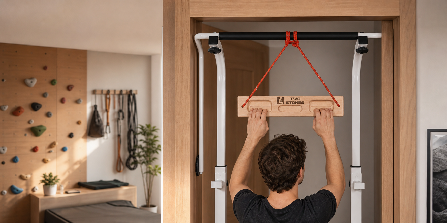 Portable wooden climbing hangboard used in a premium home training space