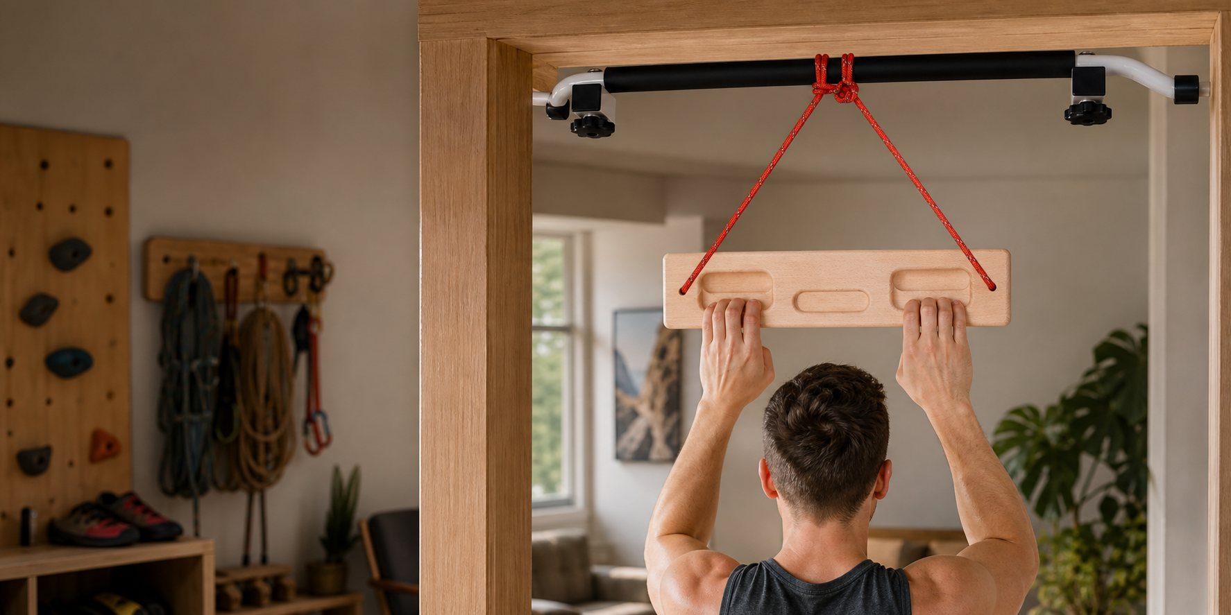 Portable wooden climbing hangboard used in a premium home training space