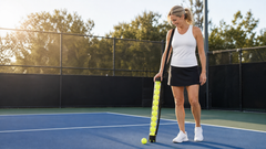 Player collecting pickleballs with the Two Stones ball collector tube on an outdoor court
